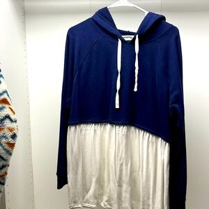 Navy Blue & White Draped Motherhood Maternity Hoodie Sweatershirt